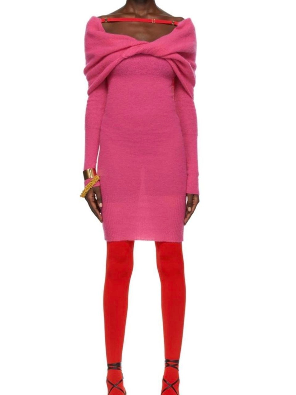 Jacquemus La Robe Ascua Pink Mohair Off Shoulder Knit Dress FR 34 NWT
